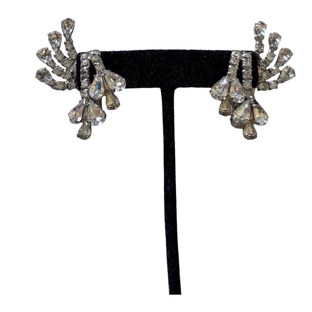 Hattie Carnegie Climber Earrings Clip-on Silver Tone Clear Rhinestone Wings 1.5”